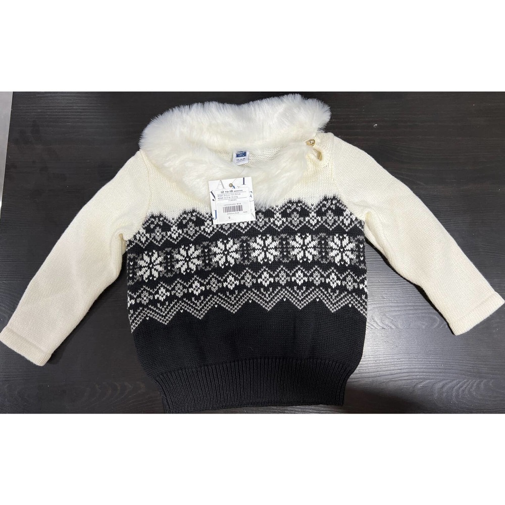NWT Janie and Jack Size 12-18 Month Snowy Faux Fur Snowflake Black Sweater